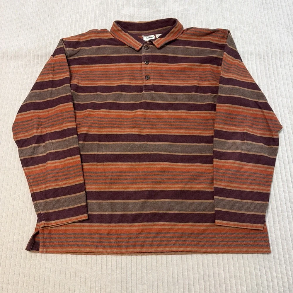 L.L. Bean Rugby Shirt Mens Large Orange  Red Stripe Long Sleeve Cotton Classic